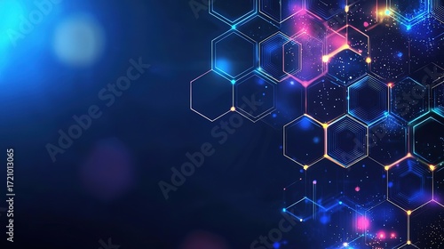 Abstract futuristic background with colorful glowing hexagons on dark blue, perspective grid and network concept
