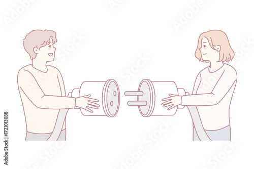 Man and woman connect electric plug into pocket look for solution together. Happy people brainstorm engaged in teamwork solve problem. Vector illustration.