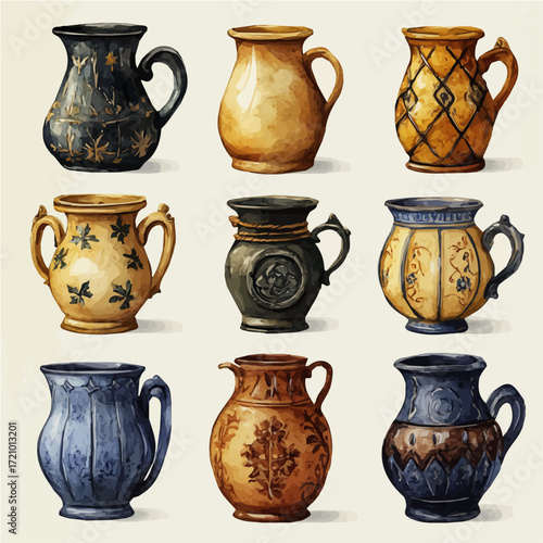 watercolor of German Festive Mugs, vector, isolated on a white background.