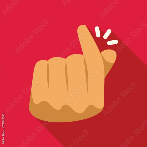 Cartoon hand snapping fingers, creating a subtle sound, against a vibrant red backdrop with a pronounced long shadow