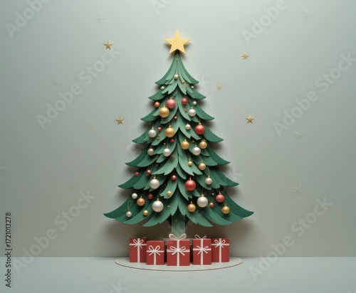 Elegant paper Christmas tree with gifts and ornaments