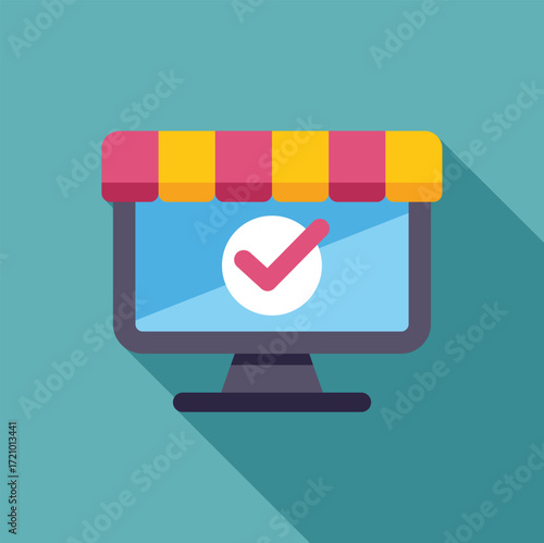 Computer screen showing successful online shopping order with check mark symbol and shop awning, representing e commerce success and customer satisfaction