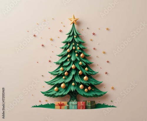 Elegant paper Christmas tree with gifts and stars