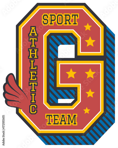 Varsity sport letter G, college club patch label. Varsity campus league label vector print, college champion vintage emblem patch. University sport team typography sign sticker with vintage typography