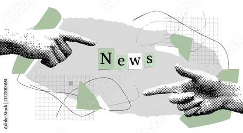 Two hands pointing at the word 'News' amidst abstract shapes and torn paper textures, symbolizing media and information.