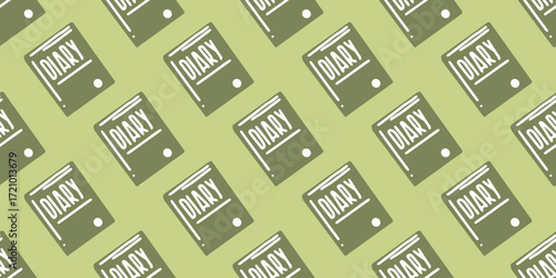 Seamless Green Diary Book Pattern. Diary book pattern in cartoon flat style. Seamless notebook design with green diary books repeating on soft green background.