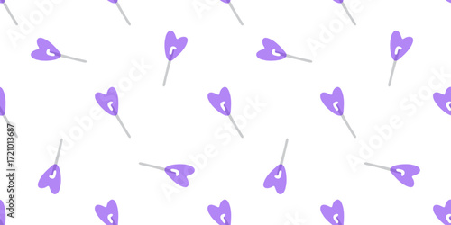 Seamless Purple Heart Lollipop Pattern. Purple heart lollipop pattern in cartoon flat style. Seamless sweet candy design with purple hearts on sticks, repeating on white background.