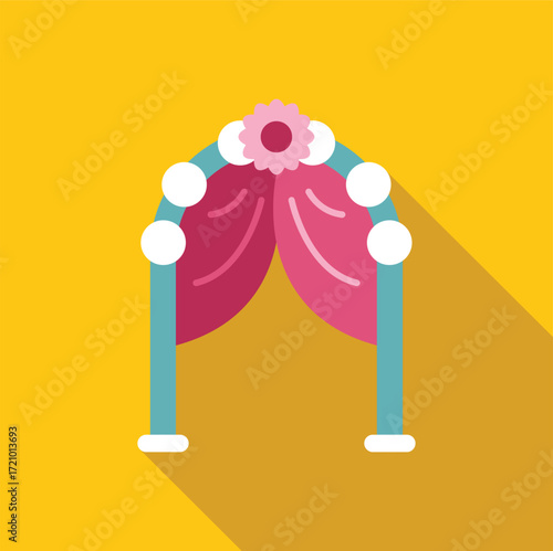 Pink wedding arch decorated with flower and balloons, perfect for outdoor ceremonies