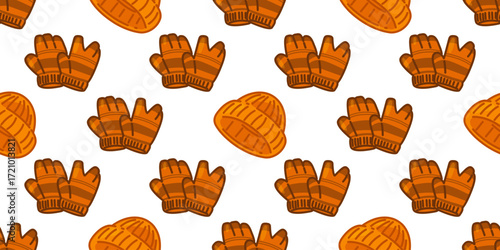 Seamless Orange Winter Clothes Pattern. Orange mittens and hats seamless pattern in flat cartoon style on white background.