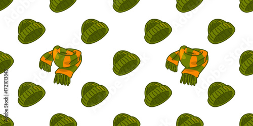 Seamless Winter Hat Scarf Pattern Cartoon seamless pattern with knitted hats and striped scarves, cozy winter clothing repeat design on a white background.