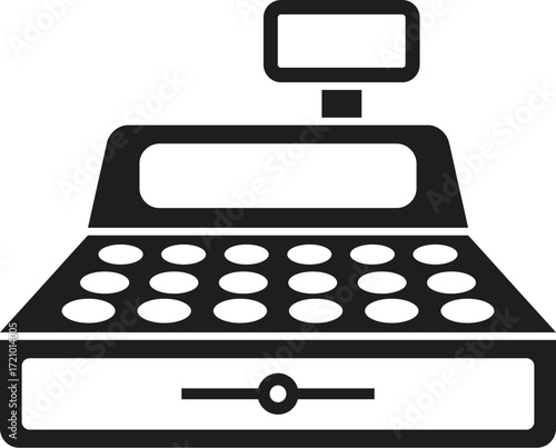 Black and white cash register machine, symbolizing financial transactions and point of sale systems in retail environments