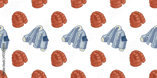 Seamless Winter Jacket Vest Pattern. Blue winter jacket and brown padded vest seamless pattern in flat cartoon style on white background.