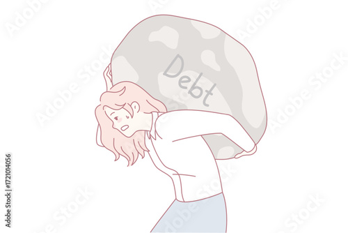 Tired woman carrying huge stone on back suffer from debt or bankruptcy. Exhausted businesswoman hold big boulder on shoulders struggle with financial problems. Vector illustration.