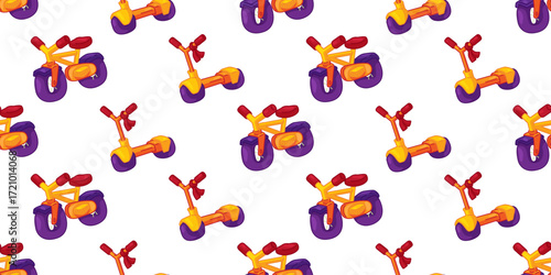 Seamless Kids Bike Scooter Pattern. Yellow bikes and scooters seamless pattern in flat cartoon style with red and purple details on white background.