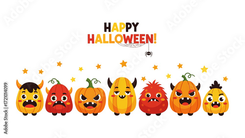 Spooky Halloween Creatures: A vibrant display of cartoon monsters and pumpkins ready for a night of spooky fun! with the cheerful phrase Happy Halloween! and festive stars adorning the scene.