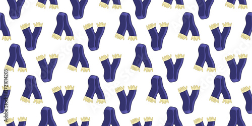 Seamless Blue Scarf Pattern. Dark blue scarf seamless pattern with tassels in cartoon flat style on white background.