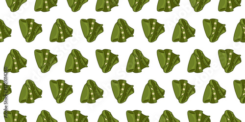 Seamless Green Cardigan Pattern. Green cardigan seamless pattern with buttons in cartoon flat style on white background.