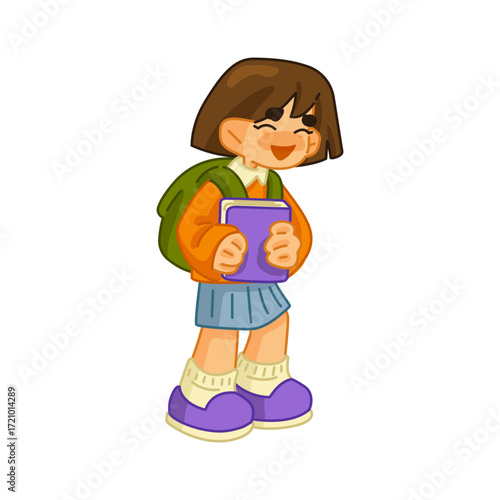 Cartoon Schoolgirl Holding Book. Cartoon schoolgirl holding book in flat style on white background.