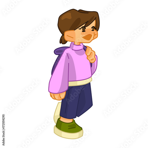 Schoolgirl Cartoon Character. Schoolgirl cartoon character with bag and book in flat style on white background.