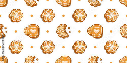 Seamless Gingerbread Cookie Pattern. Seamless gingerbread cookie pattern in cartoon flat style with snowflake and cup biscuits, whole and bitten with crumbs on isolated background.