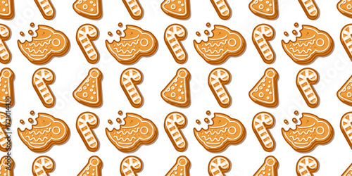 Seamless Gingerbread Holiday Pattern. Seamless gingerbread holiday pattern in cartoon flat style with party hat, candy cane and fish biscuits, whole and bitten with crumbs on isolated background.
