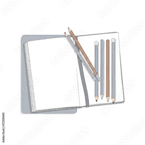 Isometric illustration of an open notebook with blank pages and five colored pencils on a plain white background.