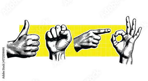 Four hand gestures: thumbs up, fist, pointing, and OK sign on yellow.