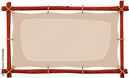 Blank stretched canvas banner tied with rope to a rustic wooden frame. Vector Caribbean pirate or corsair ui icon for survival games, or jungle adventure. Cartoon signboard, panel or poster template