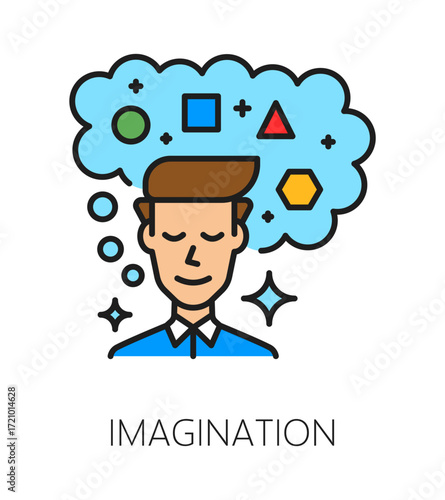 Imagination cognitive ability color line icon or label. Mental capability lineart vector icon, imagination cognitive ability development symbol or pictogram with man character imagining something