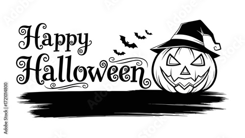 Happy Halloween Illustration: A festive graphic illustration of Halloween-themed decorations. A grinning Jack-o'-lantern in witch's hat with the greeting Happy Halloween, evoking the fun of holiday. 