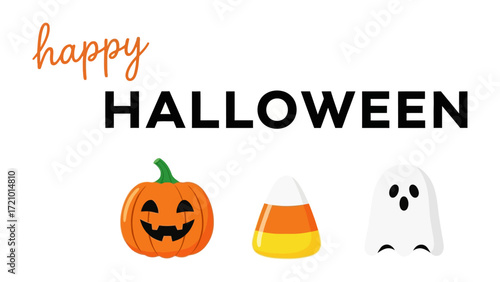 Happy Halloween: Festive and delightful composition with a charming pumpkin, a piece of candy corn, and a friendly ghost. Perfectly crafted to celebrate the spooky season with joy and fun.