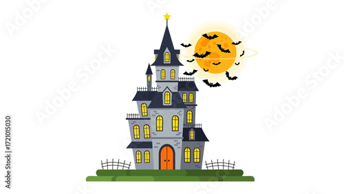 Spooky Nightfall: A classic haunted house illustration under the full moon with bats swirling about, evokes the essence of Halloween night.