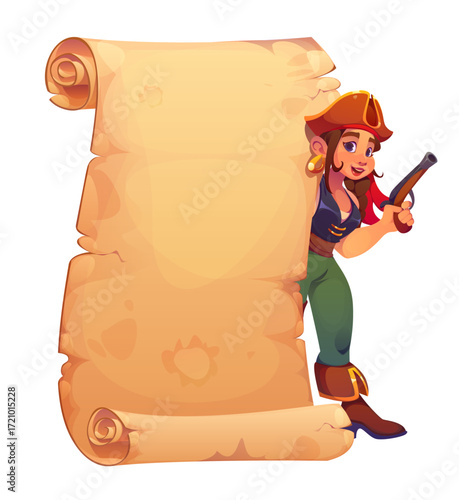 Kid girl pirate with gun and scroll parchment. Cartoon vector corsair, ship crew character standing beside an old paper that forms a blank frame for adventure game options window or treasure hunt quiz