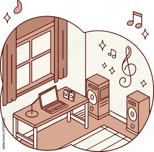 Modern Music Studio Room with Laptop, Speakers and Musical Notes Illustration