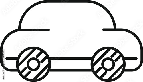 Simple line drawing of a small car with oversized wheels, resembling a child's toy or a cartoon representation of a compact sedan