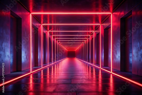 Neon Red Tunnel Hallway With Pink Light Frames Creates Futuristic, Recurring Geometry

