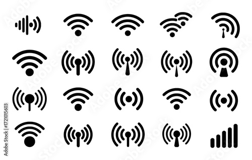 Collection of 20 Black Wi-Fi and Signal Icons on White Background