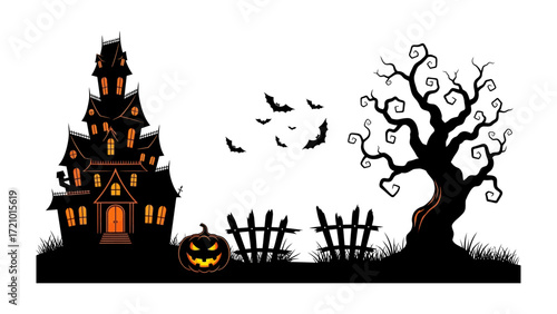Spooky Halloween Silhouette: A sinister silhouette of a haunted house, framed by a gnarled tree, pumpkin and bats, evoking the spirit of All Hallows' Eve. 