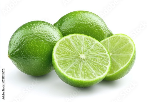 Fresh Whole Limes and Cut Slices on White Background
