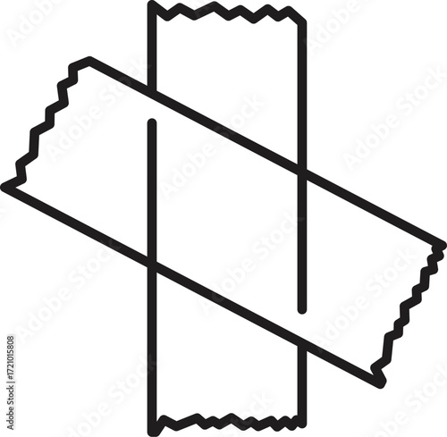 Minimalist line art icon of two pieces of adhesive tape crossing, forming a cross shape, useful for representing fixing or attaching concepts