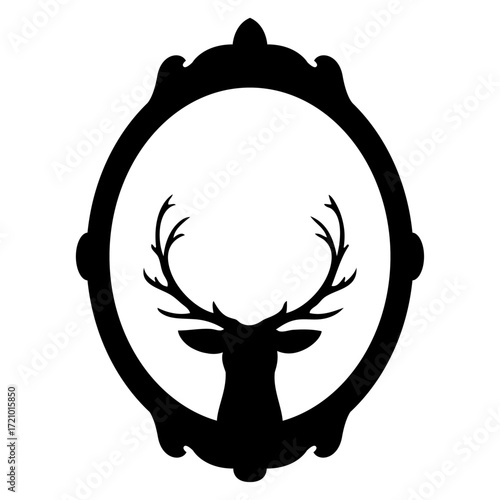 Logo con silueta de marco ovalado de espejo decorativo con cabeza de ciervo o reno para tarjetas y felicitaciones de Navidad 