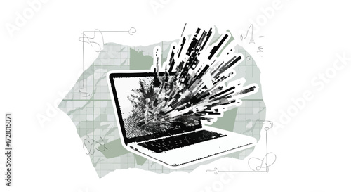 A dynamic black and white illustration of a chaotic explosion bursting out of a laptop screen, symbolizing creativity or data overload.