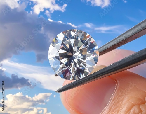 Diamond held by tweezers against sky