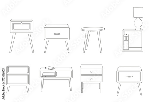 Set of bedside tables & nightstands illustrations, bedroom furniture vector set