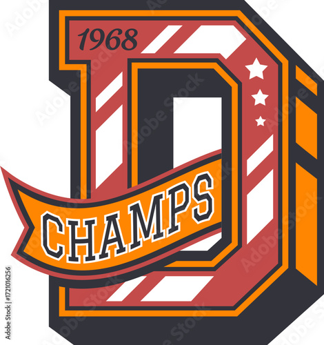 Varsity sport letter D, university club patch label. Varsity champ club label vector sticker, sport league retro symbol print. Campus champion typography sign patch or badge with retro typography