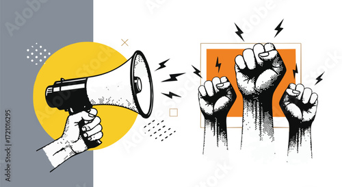 A dynamic illustration depicting a hand holding a megaphone on the left, symbolizing communication, and three raised clenched fists on the right, representing protest and power.