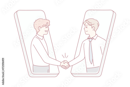 Smiling businessmen shake hands on smartphone screens close deal online. Happy business partners handshake make agreement on internet. Remote business. Vector illustration.