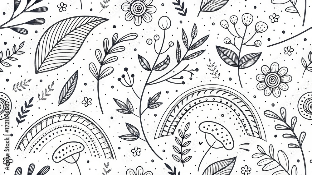 Obraz premium Whimsical botanical pattern with playful rainbows and flowers in a modern line art style, perfect for adding a lighthearted touch to your designs
