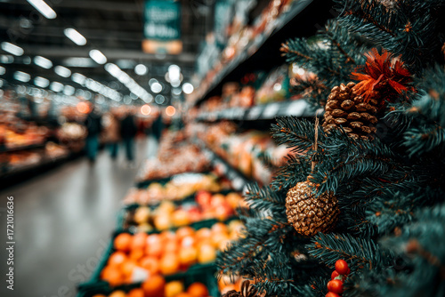Vibrant and festive supermarket aisle filled with seasonal merchandise and a cheerful winter inspired ambiance creating a welcoming shopping experience.