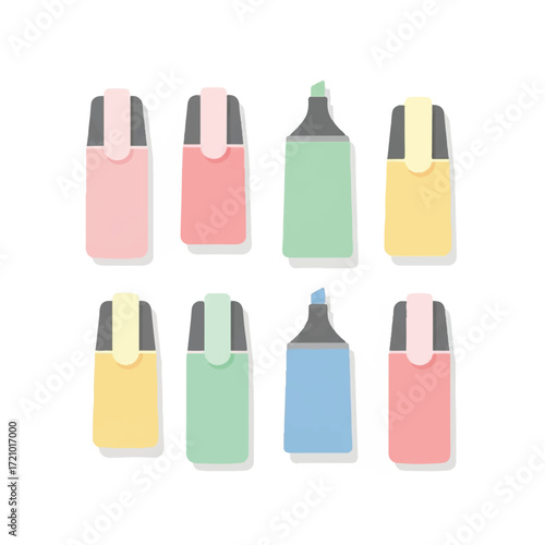 Flat lay illustration of eight colorful highlighters with caps on a clean white background.